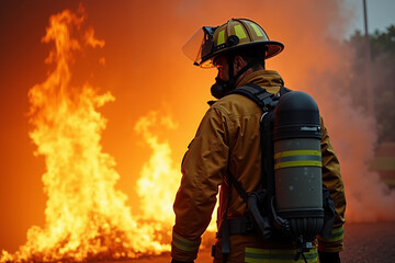 Naklejka premium fireman with protective outfit and hose working at fire event, generative AI