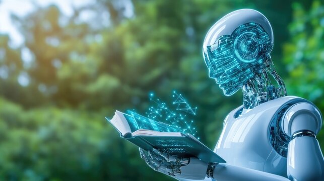 Futuristic robot reading a digital book in nature