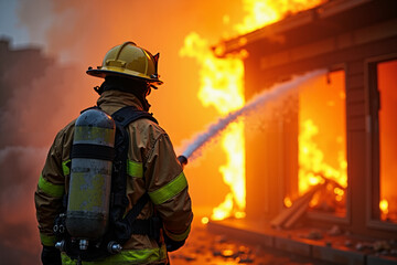 Naklejka premium fireman with protective outfit and hose working at fire event, generative AI