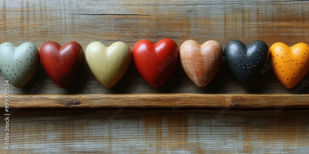 Poster A row of colorful hearts lined up on a rustic wooden surface, creating a vibrant and heartwarming display