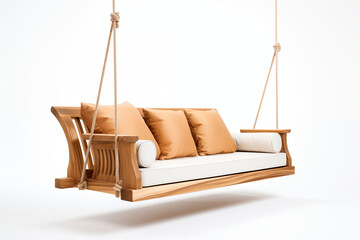 white swing sofa with no embellishments, suspended by thin, nearly invisible metal chains. The background is a blank white space, with the focus entirely on elegant simplicity of  sofa&rsquo;s clean lines