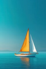 Fototapeta premium A vibrant sailboat with an orange sail glides on calm blue waters, providing a serene backdrop perfect for travel and adventure themes.