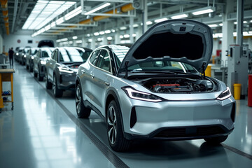 Obraz premium car manufacturing line production in factory, generative AI