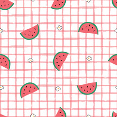 A playful pink gingham pattern featuring watermelon slices, perfect for summer themes and seasonal designs.