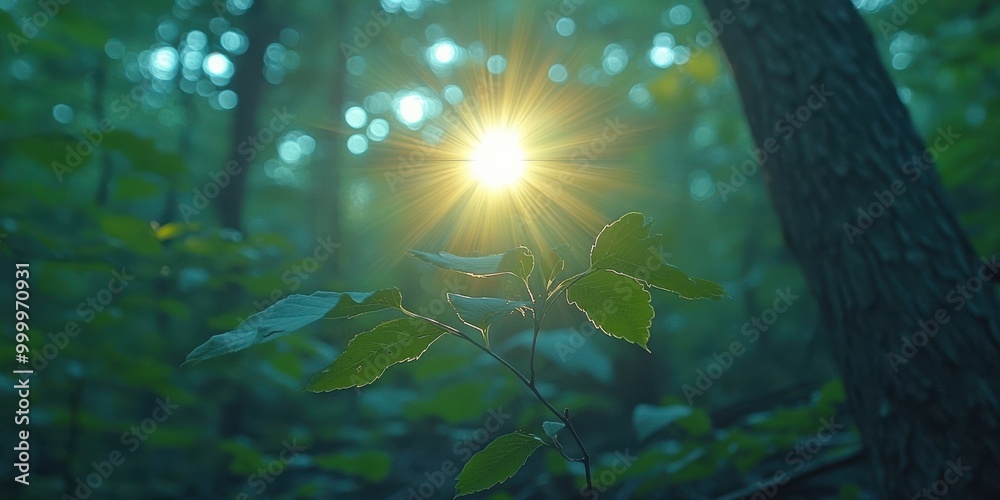 Poster a single twig with delicate leaves reaches for the sun as golden rays pierce through the canopy of a
