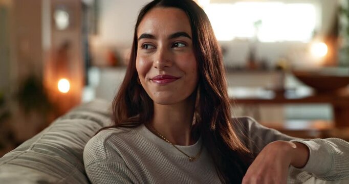 Woman, couch and home for thinking on dream, happy morning and reflection for mindfulness. Female person, contemplating idea and inspiration for peace, remember memory and sofa for cosy nostalgia