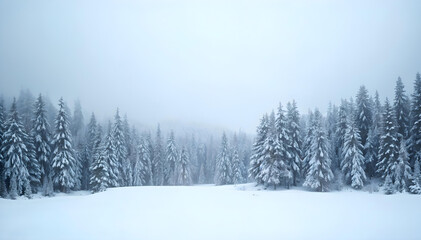 A snowy winter landscape with a dense forest of tall pine trees covered in snow, set against a foggy, overcast sky