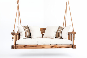 white swing sofa with no embellishments, suspended by thin, nearly invisible metal chains. The background is a blank white space, with the focus entirely on elegant simplicity of  sofa&rsquo;s clean lines