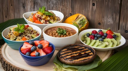 Fototapeta premium Colorful Vegetarian Meal with Quinoa Salad and Grilled Mushroom