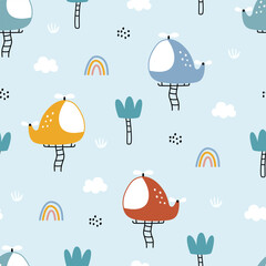 Nursery seamless pattern helicopter floating in the sky Use for prints, wallpaper, textiles