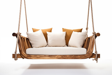  A sleek, modern white swing sofa with smooth cushions and a minimalist frame, hanging from a sturdy wooden beam. The swing is set in a bright, sunlit outdoor space with clean