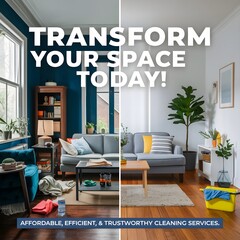 Before and After Cleaning Visual. Split screen social media post for a cleaning service, showing a messy living room on the left side and a spotless, freshly cleaned room on the right.