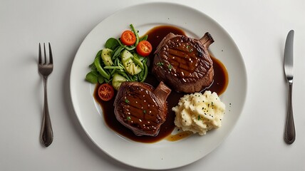 Top view of roast beef spicy covered in demi-glace gravy with mashed potatoes on a plate Churrasco on copy space plate isolated on a white background

