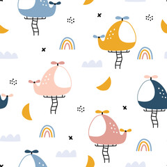 Nursery seamless pattern helicopter floating in the sky Use for prints, wallpaper, textiles