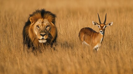 Obraz premium Majestic Lion and Gazelle in Golden Savanna Grass