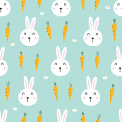 A cheerful pattern featuring cute rabbits and carrots against a soft blue background, perfect for children's designs and spring themes.