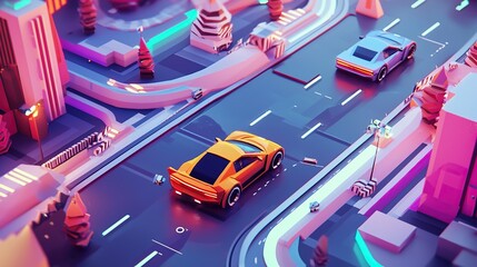 Obraz premium A low poly 3D illustration of a city with two cars driving on a neon lit road at night.
