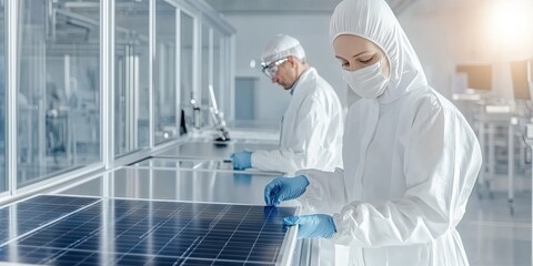 The image shows scientists in protective gear working on solar panels, highlighting clean energy innovation in a lab environment.