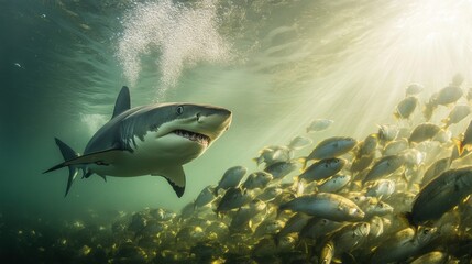 Fototapeta premium Shark Swimming Among School of Fish in Ocean Depths