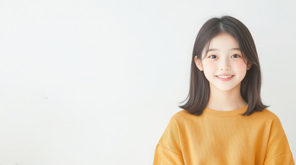 Photo of an Asian girl wearing a yellow shirt on a white background, making her look happy, smiling and younger.