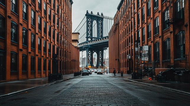 Fototapeta Manhattan Bridge in New York City, view from the street between brick buildings, New York City, Architectural photography.
