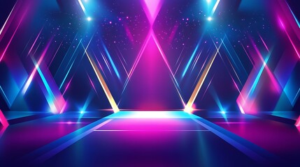 Fototapeta premium A futuristic stage lit with vibrant blue and purple lights with a black background.