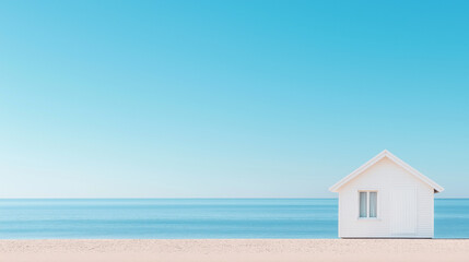 Fototapeta premium Minimalist beach cottage on a sandy shore, bathed in gentle morning light, calm ocean waves in the background