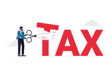 Businessman cutting tax letters with scissors, creative financial concept.