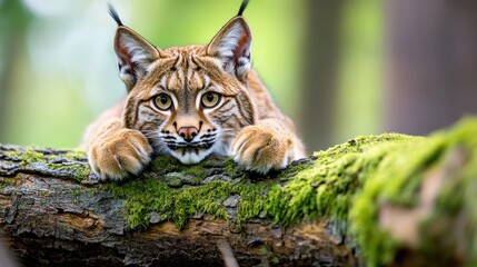 Fototapeta premium Alert Lynx Resting on Mossy Log in Serene Forest