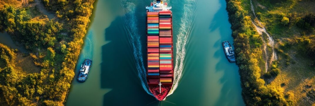 A vibrant cargo ship navigates a winding waterway, flanked by lush greenery and smaller vessels, showcasing modern shipping and transport dynamics.