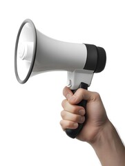 A hand holding a white megaphone with a black handle, isolated on a white background.