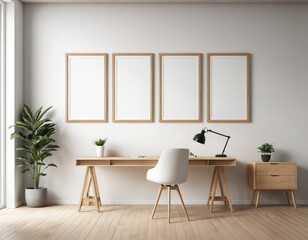 Mock up frame hanging on a white wall with minimal decoration in office interior background