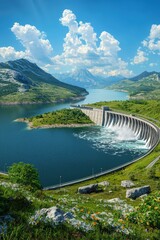 This stunning image captures a dam nestled in lush greenery, surrounded by breathtaking mountains and a serene lake under a vibrant blue sky. 