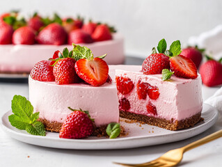 A slice of strawberry cheesecake on a white plate, with fresh strawberries and a clean background.  
