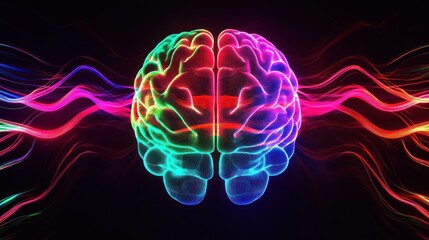 front view of a human brain illustration in colorful neon lights line on white background