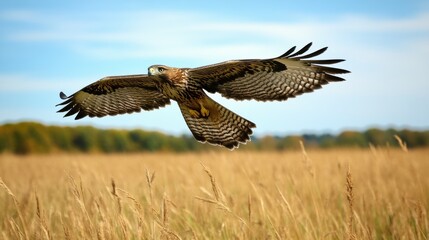 Majestic Hawk Soaring Over Golden Grassland