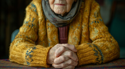 Elderly woman with folded hands wearing a warm sweater. Sick poor pensioner