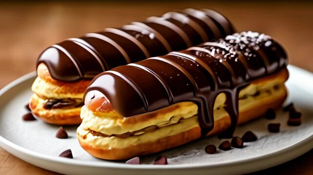  Delicious chocolatecovered eclairs on a plate