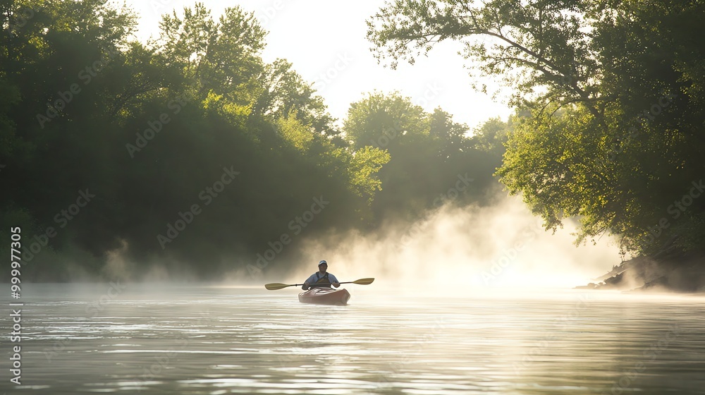 Wall mural A kayaker paddles down a river on a foggy morning.