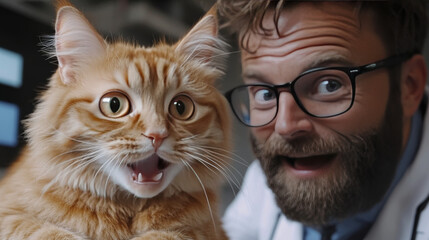 A man with a beard and glasses looks at a cat with a surprised expression.