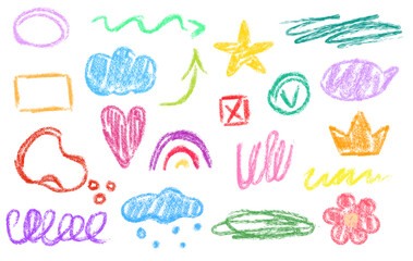 Set with line and speech bubble in childlike style with crayon texture. Vector trendy illustration