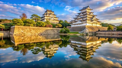 Fototapeta premium Historic Himeji Jo Castle with Sangoku Moat and Ramparts reflecting in water, showing depth of field