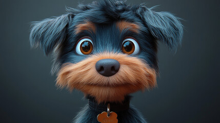 Naklejka premium Cute cartoon dog with big brown eyes and a black collar.