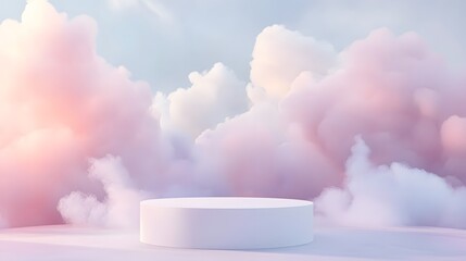 White podium on a background of pastel clouds and sky.