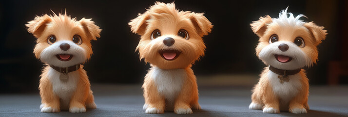 Obraz premium Three adorable fluffy puppies, smiling and looking at the camera.