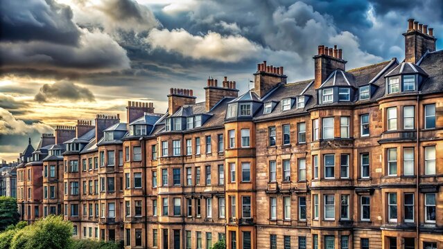 Historic tenement buildings in Glasgow viewed from the rear under a cloudy sky