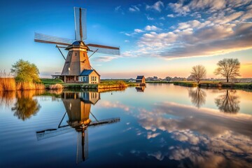 Historic windmill reflection in water in Rotterdam, forced perspective