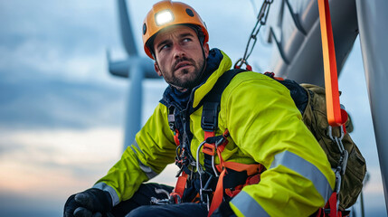 Worker in safety gear on wind turbine platform.