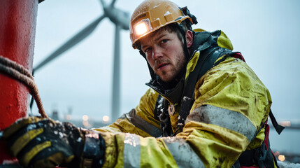 Obraz premium Worker in safety gear on a wind turbine.