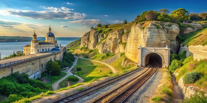 Historical Inkerman St. Klimentovsky Cave Monastery railway and ancient Kalamita fortress in Sevastopol from high angle
